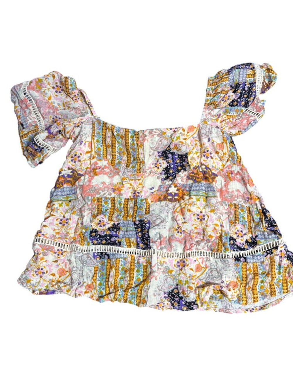 Liberty Love Patchwork Floral Off Shoulder Blouse Cropped Boho Shirt Size S NWT